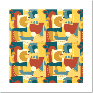 Abstract Shapes Collage Kids Brown Yellow Teal Posters and Art